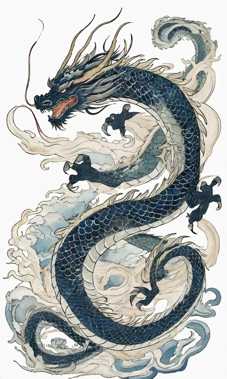 dragon,chinese meticulous ink,illustration,white background ,centered,completed<lora:newchinese-1122-1:1>