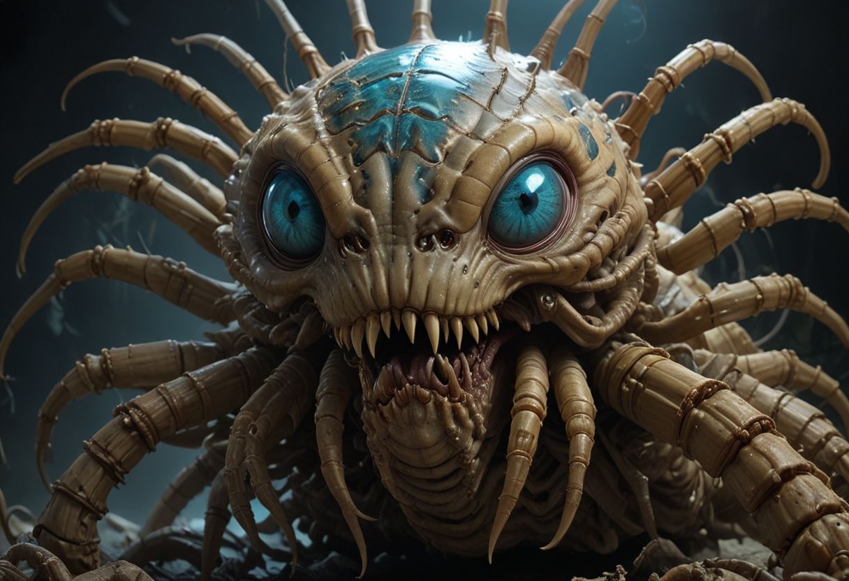 cinematic, facehugger chonkasaurus, scifi, slimey, raytracing, HD, 4k, floating energy, night, dark, blue eyes, (energy effects:1.3), <lora:chonkasaurus-000003:1>, <lora:add-detail-xl:2>