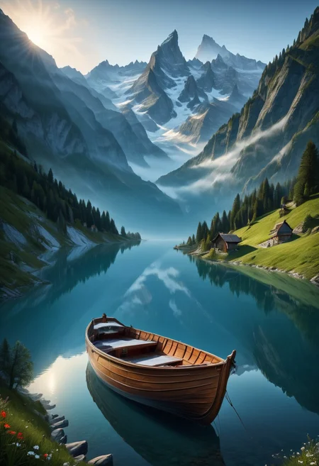 view of a Boat on the waterside of a small lake, Swiss alp, mountain lake, milky haze, morning lake mist, masterpiece, award-winning, professional, highly detailed in, undefined, snow, mist,  in the distance, glowing eyes, style-nebmagic