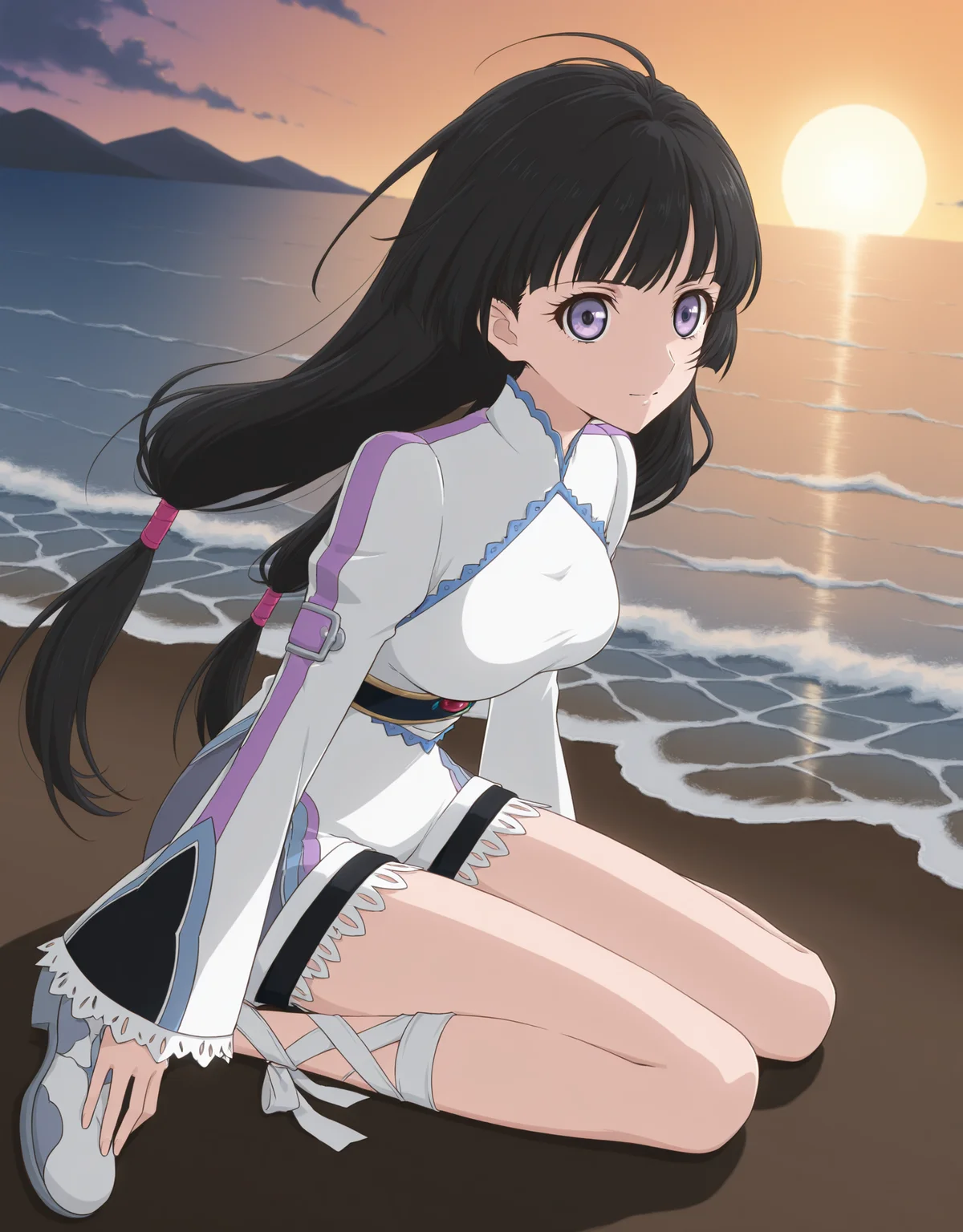 masterpiece,best quality,zPDXL3,beach,sea,
BREAK <lora:kohakV3-000018:0.9>,kohakV3,1girl,solo,breasts,black hair,long hair,purple eyes,medium breasts,legs,low-tied long hair,(leg ribbon:1.1),bare legs,jewelry,dress,shorts,three-quarter view,anime coloring,dynamic_angle,fullbody,standing,sitting,wariza,