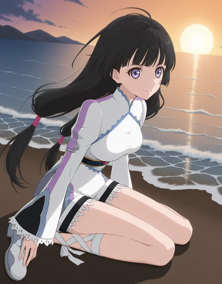 masterpiece,best quality,zPDXL3,beach,sea,
BREAK <lora:kohakV3-000018:0.9>,kohakV3,1girl,solo,breasts,black hair,long hair,purple eyes,medium breasts,legs,low-tied long hair,(leg ribbon:1.1),bare legs,jewelry,dress,shorts,three-quarter view,anime coloring,dynamic_angle,fullbody,standing,sitting,wariza,