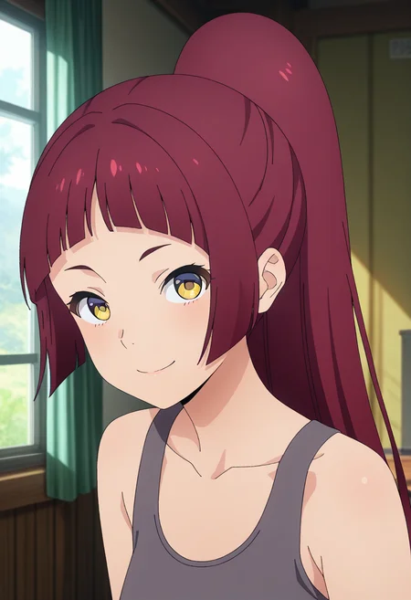 masterpiece, best quality, amazing quality, 1girl, solo, (portrait:1.2), akiraww, yellow eyes, red hair, long hair, ponytail, blunt bangs, military uniform, grey tank top, looking at viewer, smile, indoors, day, skindentation, detailed clothing folds, depth of field, sharp, high contrast, dynamic light <lora:Mishima_Akira_Bravern_ill:0.9>
