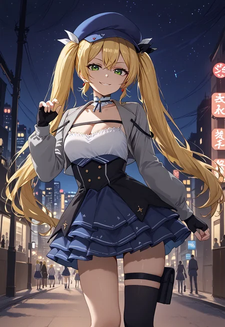 safe_pos, 1girl, solo, solo focus, highres, absurdres, DokiNew, blonde hair, long hair, beret, twintails, bangs, green eyes, blue headwear, hair between eyes, fingerless gloves, grey jacket, black gloves, long sleeves, cleavage, blue skirt, hair ribbon, dress, open jacket, collarbone, choker, thigh strap, earrings, white shirt, single thighhighs, black ribbon, white ribbon,
looking at viewer, smug, from side, hand up,
street, cityscape, neon lights, shade, night, night sky, dark, backlighting,