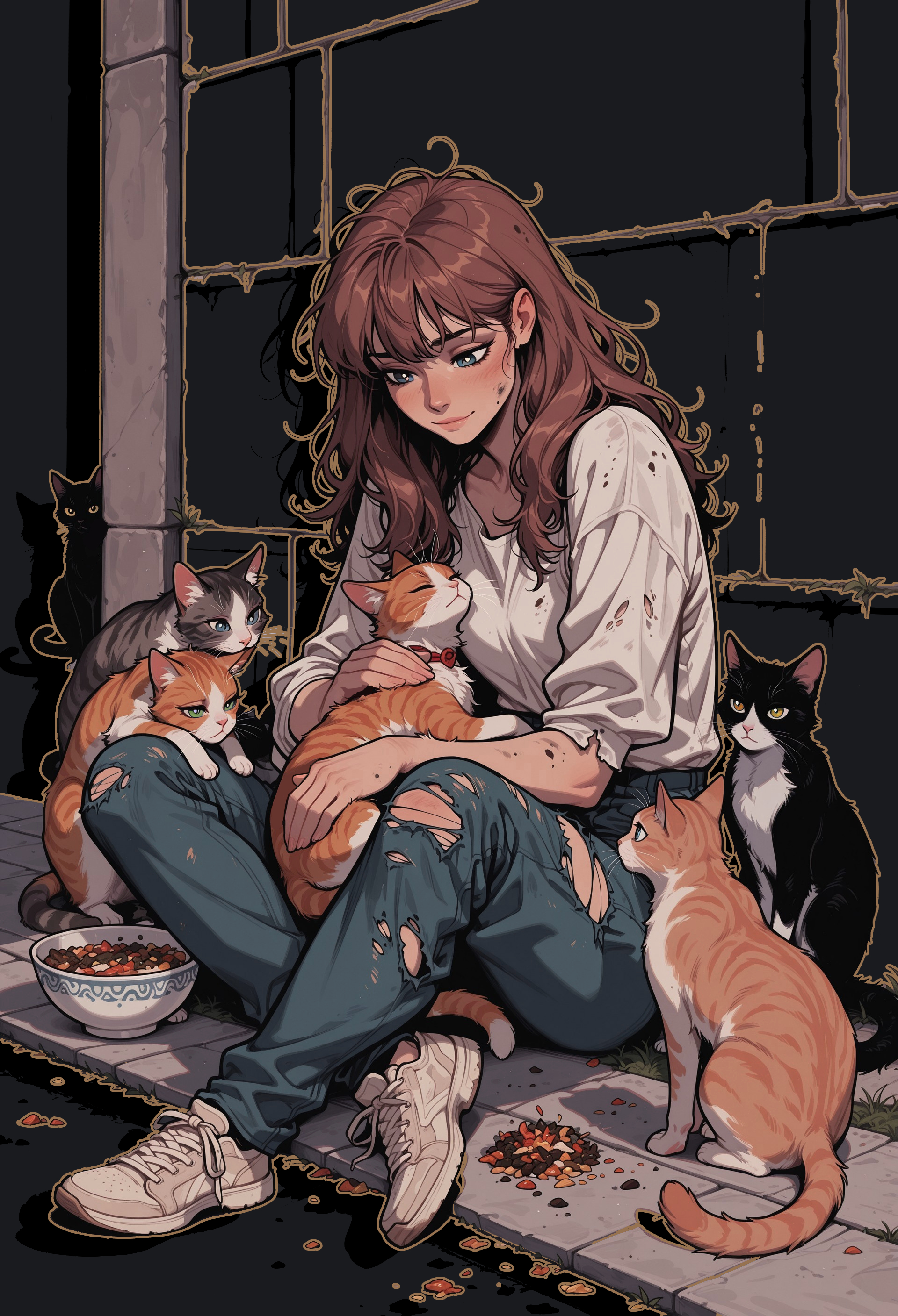 score_9, score_8_up, score_7_up, masterpiece, best quality, very aesthetic, 1girl, incoth, (incase:0.6), detailed face, (dynamic:1), stylized, illustration, deep blue eyes,  white pupils, brown hair, long hair, disheveled hair, sitting on sidewalk, street, wall, (dirty:0.6), street urchin, ripped clothes, catfood, bowl, cats, many cats, snuggling against, affection, petting cat, (light smile:0.7), emotional, serene, 