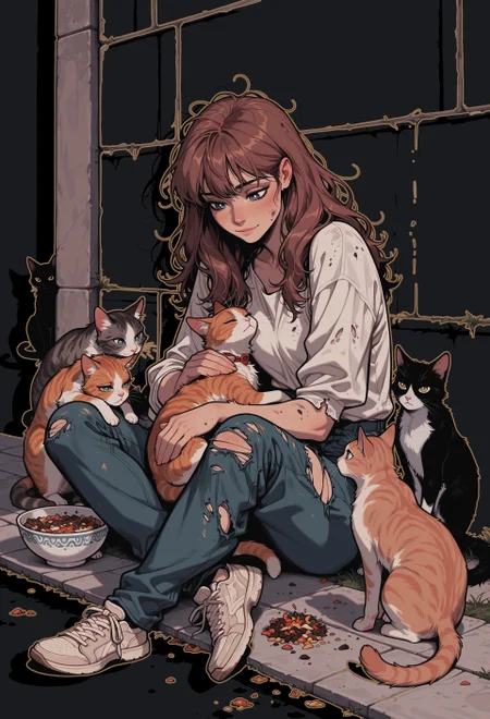 score_9, score_8_up, score_7_up, masterpiece, best quality, very aesthetic, 1girl, incoth, (incase:0.6), detailed face, (dynamic:1), stylized, illustration, deep blue eyes, white pupils, brown hair, long hair, disheveled hair, sitting on sidewalk, street, wall, (dirty:0.6), street urchin, ripped clothes, catfood, bowl, cats, many cats, snuggling against, affection, petting cat, (light smile:0.7), emotional, serene,