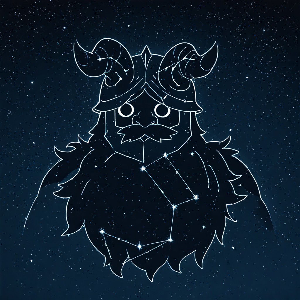 masterpiece, best quality, newest, absurdres, highres, anime, anime style, LSCV1.0, constellation, star (sky), starry sky, night sky, night, starry sky, no humans, silhouette, monochrome, 
Senshi \(dungeon_meshi\), dwarf, helmet, horns, horned helmet, fake horns,