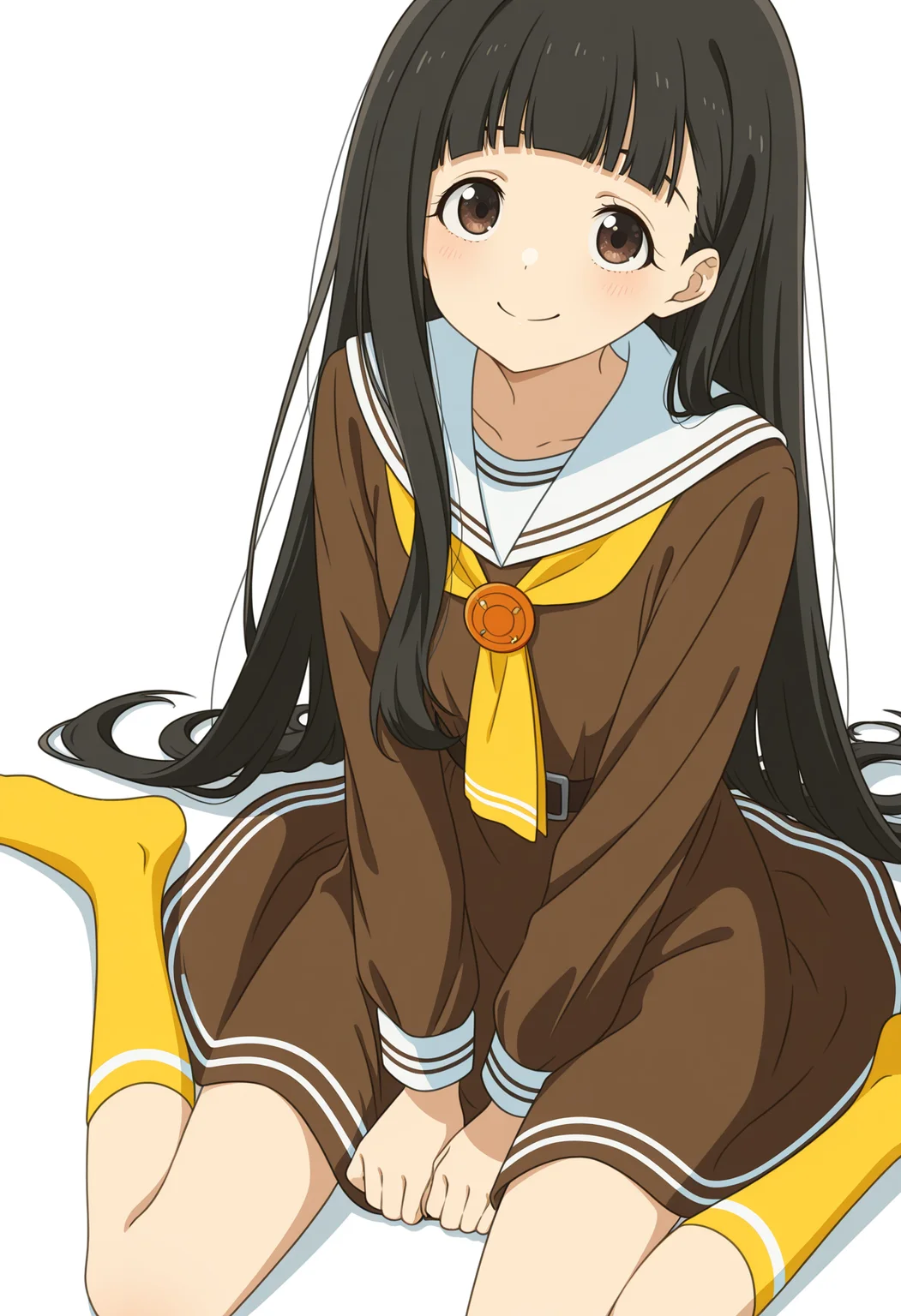 <lora:nukumizu_kaju_illustrious-000024:1>,
TMLH_NK,1girl,black hair,brown eyes,long hair,solo,smile,school uniform,white sailor collar,long sleeves,blunt bangs,facing viewer,yellow neckerchief,closed mouth,serafuku,sailor dress,brown dress,yellow socks,white_background,simple_background,feet out of frame,wariza,hands_on_lap,sitting