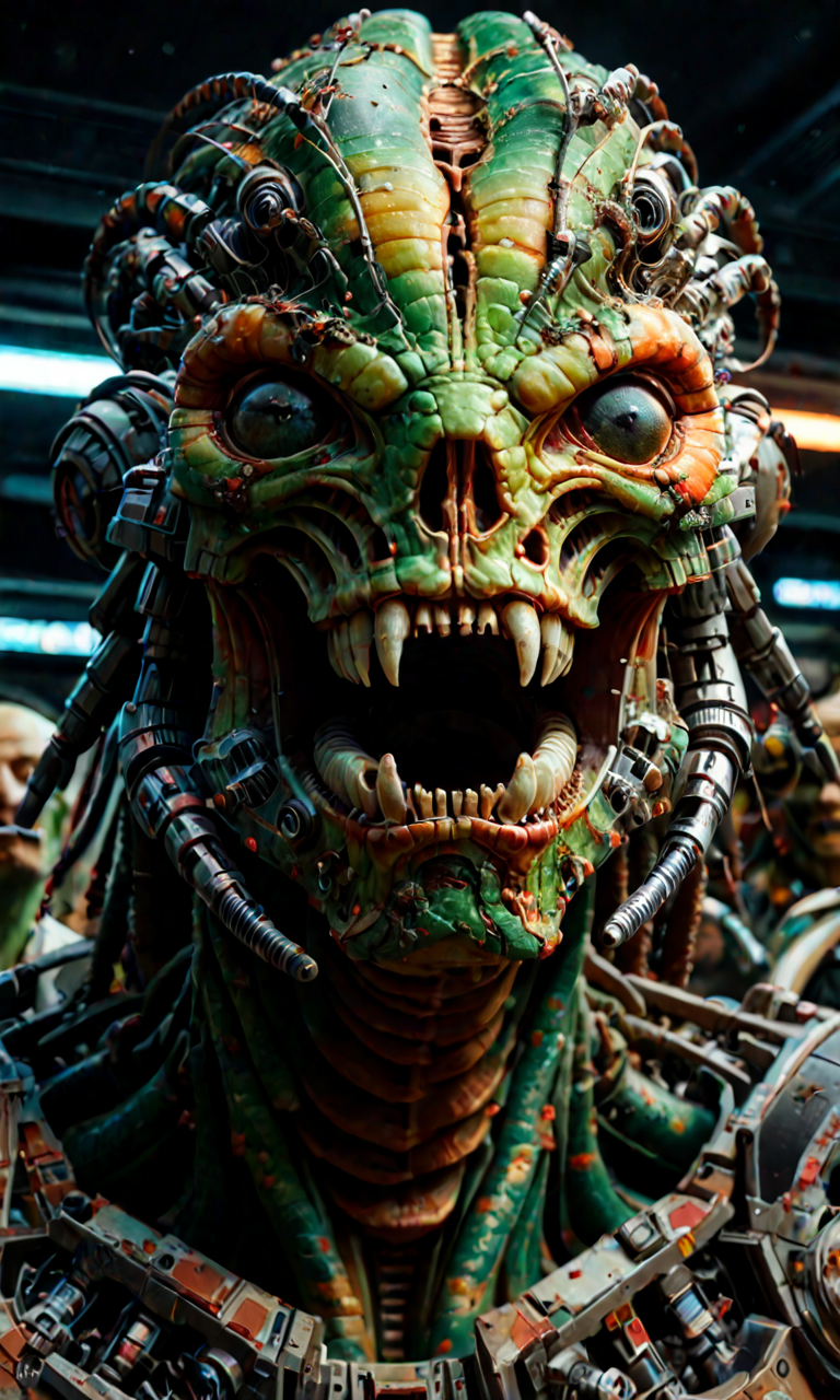 corroded  
mars attack alien An intergalactic bounty hunter confronts their target in a seedy, neon-lit space bar. The bar is filled with a diverse crowd of alien species, each more bizarre and colorful than the last. The bounty hunter is a hulking figure with a heavily scarred face and glowing cybernetic implants, while the target is a sleek, serpentine creature with multiple eyes and sharp fangs. The tension is palpable, with the bar's patrons watching closely, ready for a fight to break out at any moment
perfect face, perfect lighting, intricate, incredible detail, masterpiece, professional photoshoot, score_9, score_8_up, score_7_up, BREAK
 <lora:corroded:1>