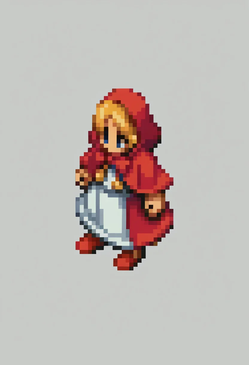 score_9, score_8_up, score_7_up, source_anime, BREAK, solo, 1girl, <lora:FFT-SpritesV2-pdxl_Fp:1>, looking at viewer, straight-on, full body, standing, solid oval eyes, no mouth, no nose, pixel art, from side, simple background, <lora:BBHood-pdxl_Fp:1>, bbhood, short hair, blonde hair, blue eyes, hood, capelet, red dress, bow, white apron, pom pom \(clothes\), red hood, red footwear,