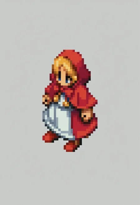 score_9, score_8_up, score_7_up, source_anime, BREAK, solo, 1girl, <lora:FFT-SpritesV2-pdxl_Fp:1>, looking at viewer, straight-on, full body, standing, solid oval eyes, no mouth, no nose, pixel art, from side, simple background, <lora:BBHood-pdxl_Fp:1>, bbhood, short hair, blonde hair, blue eyes, hood, capelet, red dress, bow, white apron, pom pom \(clothes\), red hood, red footwear,