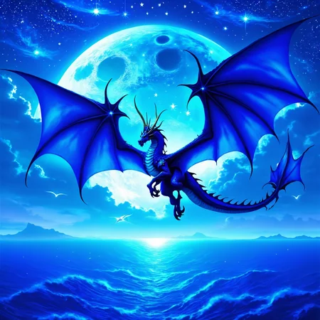 ethereal fantasy concept art of (a giant winged blue dragon), (is flying over the vast ocean), (at night with a large full moon and starry sky), <lora:epwsdxl:0.8>, elementalplanewater, best quality, masterpiece, 4k, uncensored, prefect lighting, rating_explicit, very aesthetic, detailed, <lora:add_details_xl:0.6>, very detailed, <lora:SDXLHighDetail_v5:0.6> . magnificent, celestial, ethereal, painterly, epic, majestic, magical, fantasy art, cover art, dreamy