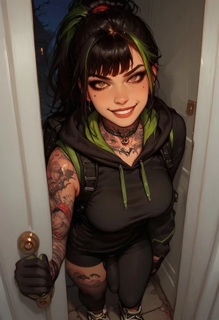 score_9, score_8_up, score_7_up, extremely detailed, sharp focus, HD, 1futa, solo, eyes open, ponytail, black hair, green streak in hair, black hair, red streak in hair, 18 years old, tattoos:1.3, arm tattoo, leg tattoo, bangs, petite, medium breasts, graphic hoodie, hood up, halloween costume, black costume, black outfit, backpack, glove, leggings, sneakers, detailed background, outside, front door, night, halloween, vivid colours, collar, leashed collar, bossy, in charge, dominant, smirk, brown eyes,