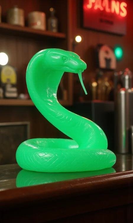 jade_snake, shebaaobao, neouv, cartoon snake made out of glowing illuminated iridescent jade ready to bite somebody on the counter of a pawn shop in New York City <lora:jadesnakeflux-000001.safetensors:1.0> <lora:shebaobao_flux_snake_Cartoon_v2.safetensors:0.3> <lora:neouv_flux_03.safetensors:1.0>