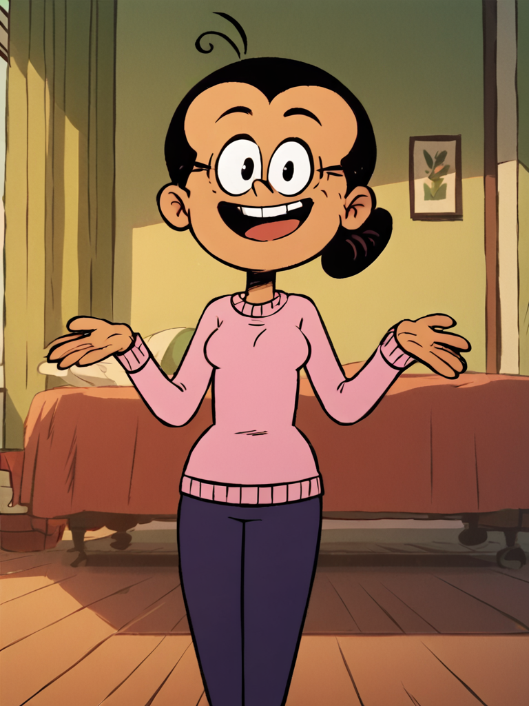maria, solo, black hair, ahoge, 1girl, hair bun, smile, standing, pink sweater, purple pants <lora:MariaSantiagoPony1.0:1>, score_9, score_8_up, score_7_up, score_6_up, score_5_up, score_4_up, indoors, looking at viewer, open mouth,