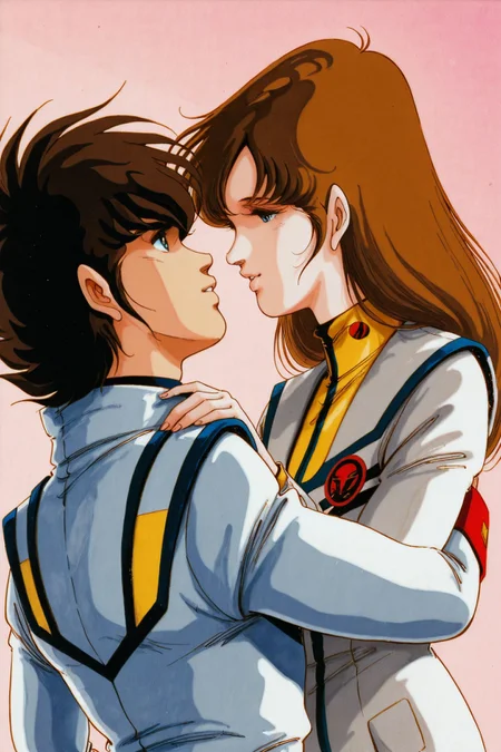 Itizyou Hikaru,Misa Hayase,1girl,1boy,hetero,couple,1980s (style),long hair,uniform,retro artstyle,military,military uniform,brown hair,blue eyes,looking at another,imminent kiss,traditional media,watercolor \(medium\),hug,
<lora:Haruhiko Mikimoto_illustriousXL_v2:1>,
