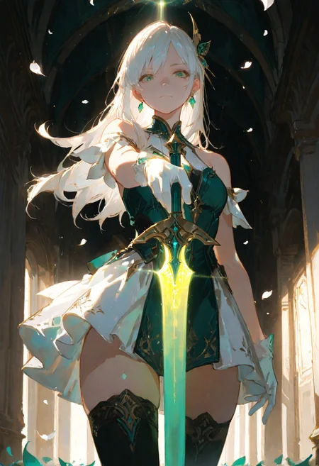 masterpiece, best quality, good quality, very awa, very aesthetic, absurdres, newest,
1girl, solo, long hair, green eyes, white hair, hair ornament, gloves, dress, closed mouth, jewelry, bare shoulders, earrings, white gloves, thighs, thigh highs, standing, Holding sword in one hand, glowing,
the tip of the sword is pointing to the ground,
falling petals, petals, giant sword, green sword, Sword of Justice, looking at viewer, cowboy shot, low view,Vanishing Point, Light beam background,
backlighting, (mzet:0.8),96yottea,