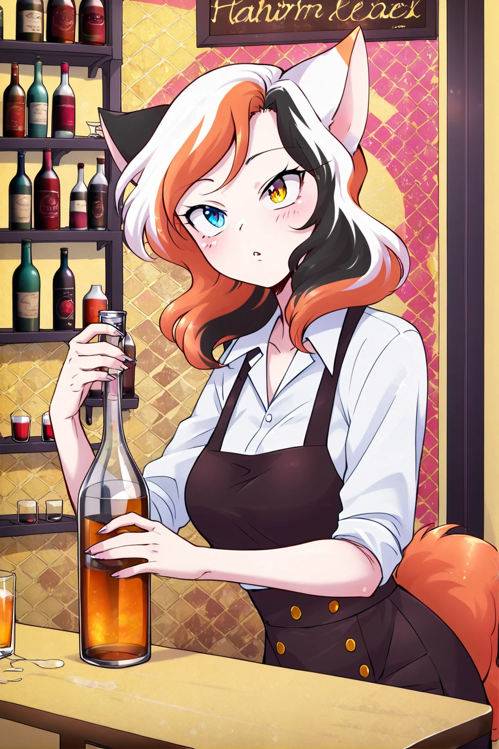 score_9, score_8_up, score_7_up, source anime, rating suggestive, solo, detailed background, bar background, in bar, interacting with background, 5 fingers, bartender, holding bottle, bar counter,
<lora:minocharPonyXLLora:1.0> minocharponyxl, multicolored hair, heterochromia, cat tail, cat ears,