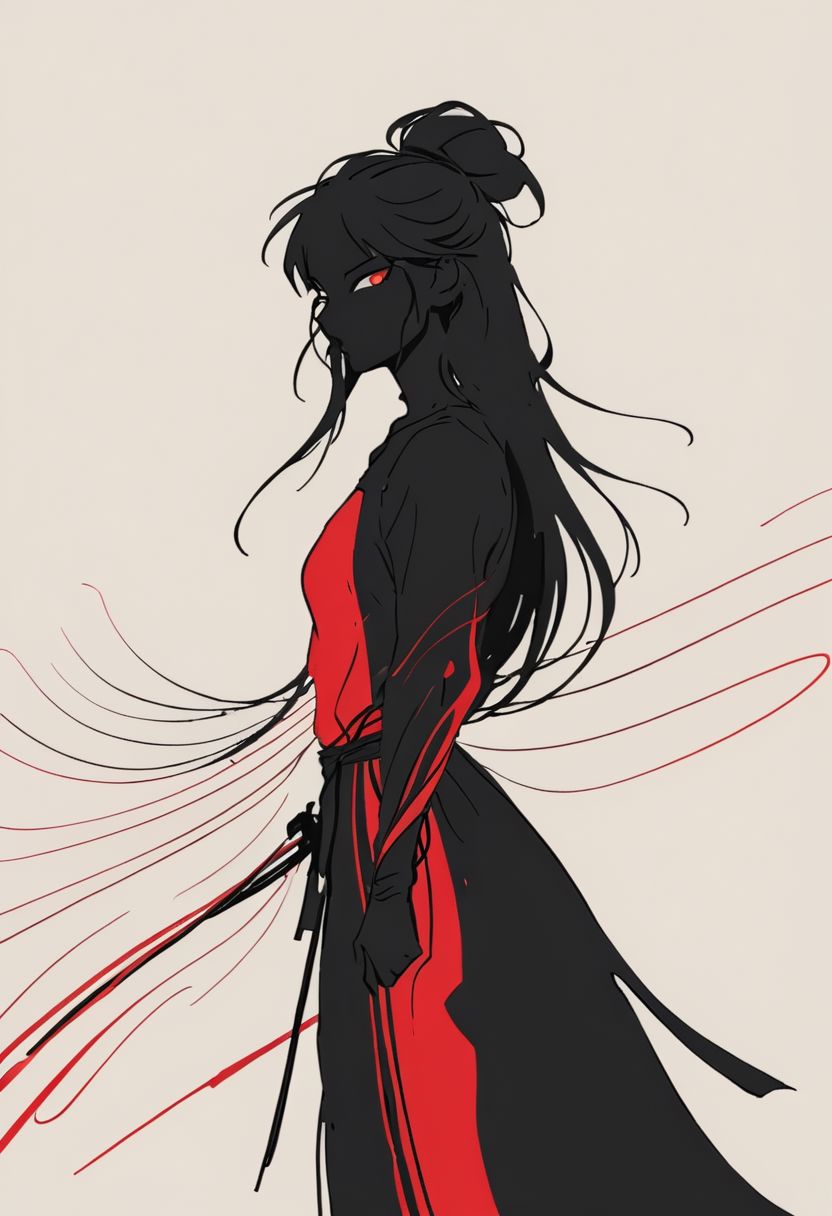 Closeup Portrait, An Abstract surreal n Abstract surreal colorful simple painted black Ninja standing at a cliff with extreme Long Hair throughout the frame, katana, red Blood Splash, made of lines, vertical lines, horizontal lines, Portrait Made of intertwining snakes, weaving over and under each other throughout the frame, emphasis effect, moire effect, awash in colorful shades, seamlessly extends the lines,