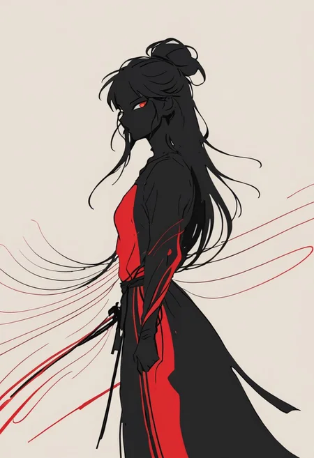 Closeup Portrait, An Abstract surreal n Abstract surreal colorful simple painted black Ninja standing at a cliff with extreme Long Hair throughout the frame, katana, red Blood Splash, made of lines, vertical lines, horizontal lines, Portrait Made of intertwining snakes, weaving over and under each other throughout the frame, emphasis effect, moire effect, awash in colorful shades, seamlessly extends the lines,