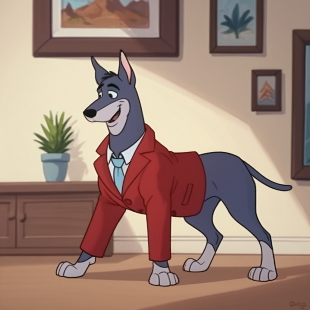 score_9, score_8_up, score_7_up, score_6_up, score_5_up, score_4_up, source_furry, dynomuttHB, feral, male, Doberman, Blue-gray fur, black eyes, red jacket, inside, solo, 1boy, formal