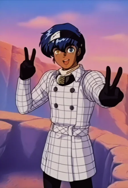 masterpiece, best quality, 1boy, solo, standing, :d, v, looking at viewer, <lora:FeOVA_GLoRA-illus_Fp:1> retro artstyle, <lora:ProtagonistMR-illu:1> dfProtag, blue hair, short hair, hair between eyes, black visor \(armor\), heterochromia, yellow eyes, blue eyes, dark-skinned male, plaid coat, collared coat, white turtleneck, long sleeves, double-breasted, black gloves, black leggings, cliff, cloud, sky