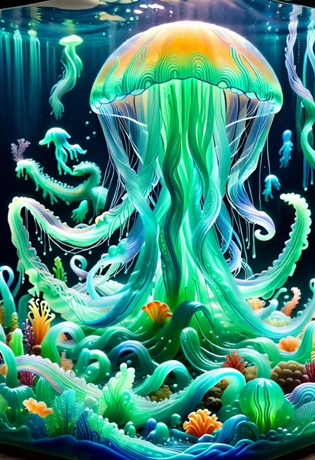 masterpiece, best quality, absurdres, Sl1m3d, slime-morph, underwater, jellyfish