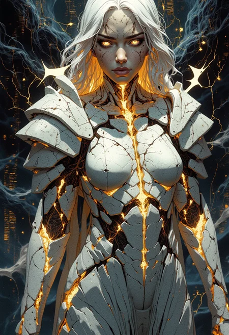 A mystical and powerful female figure crafted from cracked white marble, with glowing golden veins running through the cracks. Surrounded by dark flowing organic material resembling smoke or torn fabric. The atmosphere is dark and mysterious, illuminated by soft, ambient lighting that highlights her otherworldly appearance. Her piercing eyes glow faintly with golden light, and the environment reflects a mix of dark fantasy and cyberpunk aesthetics