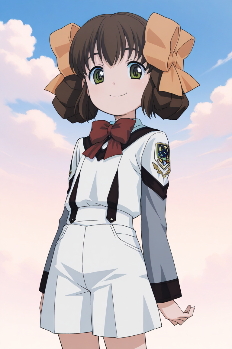 masterpiece, best quality, source_anime,official art,perfect_anatomy,1girl,Nonomi_Higasihara,brown_hair,bangs,hair_bow,red_bowtie,school_uniform,long_sleeves,(beautiful detailed face,looking_at_viewer,smile),white_culottes,cowboy_shot,day,blue_sky,cloud
