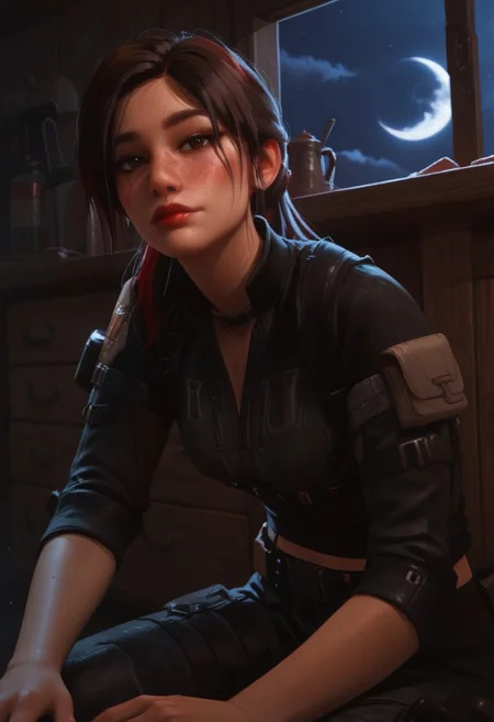Expressive, score_9, score_8_up, score_7_up, score_6_up, score_5_up, score_4_up, godrays, 1 girl, lipstick, hazel eyes, brown hair, multicolored hair, ponytail, split bangs, black choker, medium breasts, harness, black shirt, rolled sleeves, individual focus, seductive smile, look at the viewer, close-up, pose, sexy, blush, facial focus, night, moon, dark, blue light, kitchen, sexy, dramatic lightning, looking at the viewer, dynamic angle, light smile, black pants with gray, black boots, posing, full body, black military pants with gray, sitting
