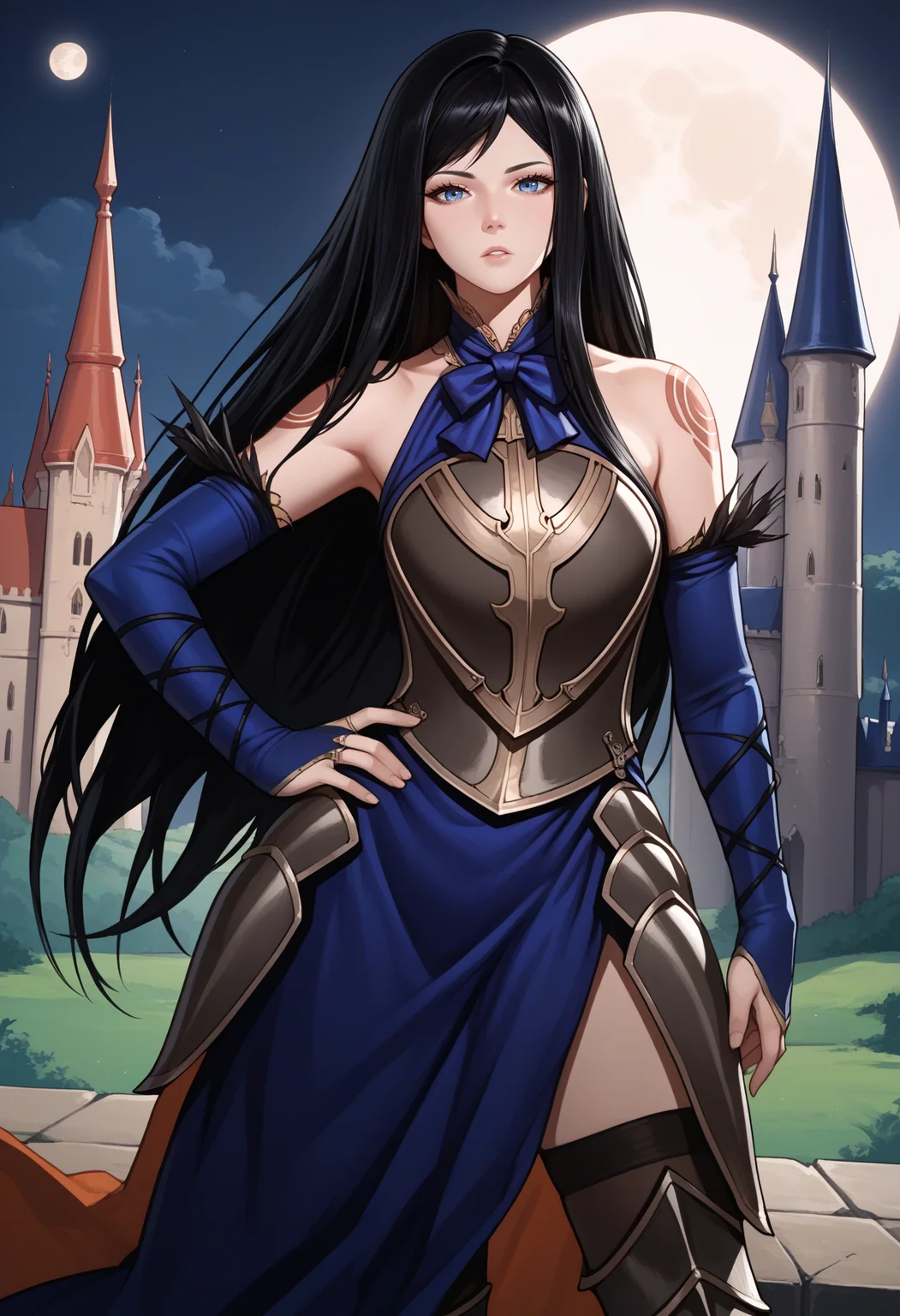 score_9, score_7_up, source_anime, 1girl, cowboy shot, looking at viewer, hand on own hip, parted lips, <lora:ShanoaCV-pdxl:1> shanCV, long hair, black hair, blue eyes, blue dress, bare shoulders, tattoo, blue bowtie, armor, breastplate, bridal gauntlets, feather trim, black thighhighs, greaves, full moon, castle