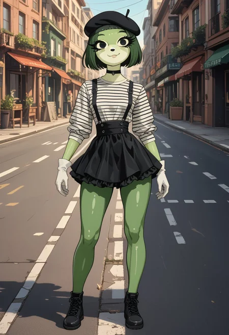 score_9,score_8_up,score_7_up,
outdoors,
full body, closed mouth smile,,long eyelashes,pose, tall, standing,
<lora:Mashka_v01_PDXL:1>,Mashka,1girl,solo,furry female,green skin,yellow skin,two-tone skin,shiny skin,black eyes,long eyelashes,wearing french beret, black eyeliner,wide hips, black choker, mime artist outfit, black beret, black striped shirt, black tight leggings, black suspenders, frilled skirt, white gloves, slender, skinny, petite 1930's city background, mime poses,
<lora:add-detail-xl:1>,