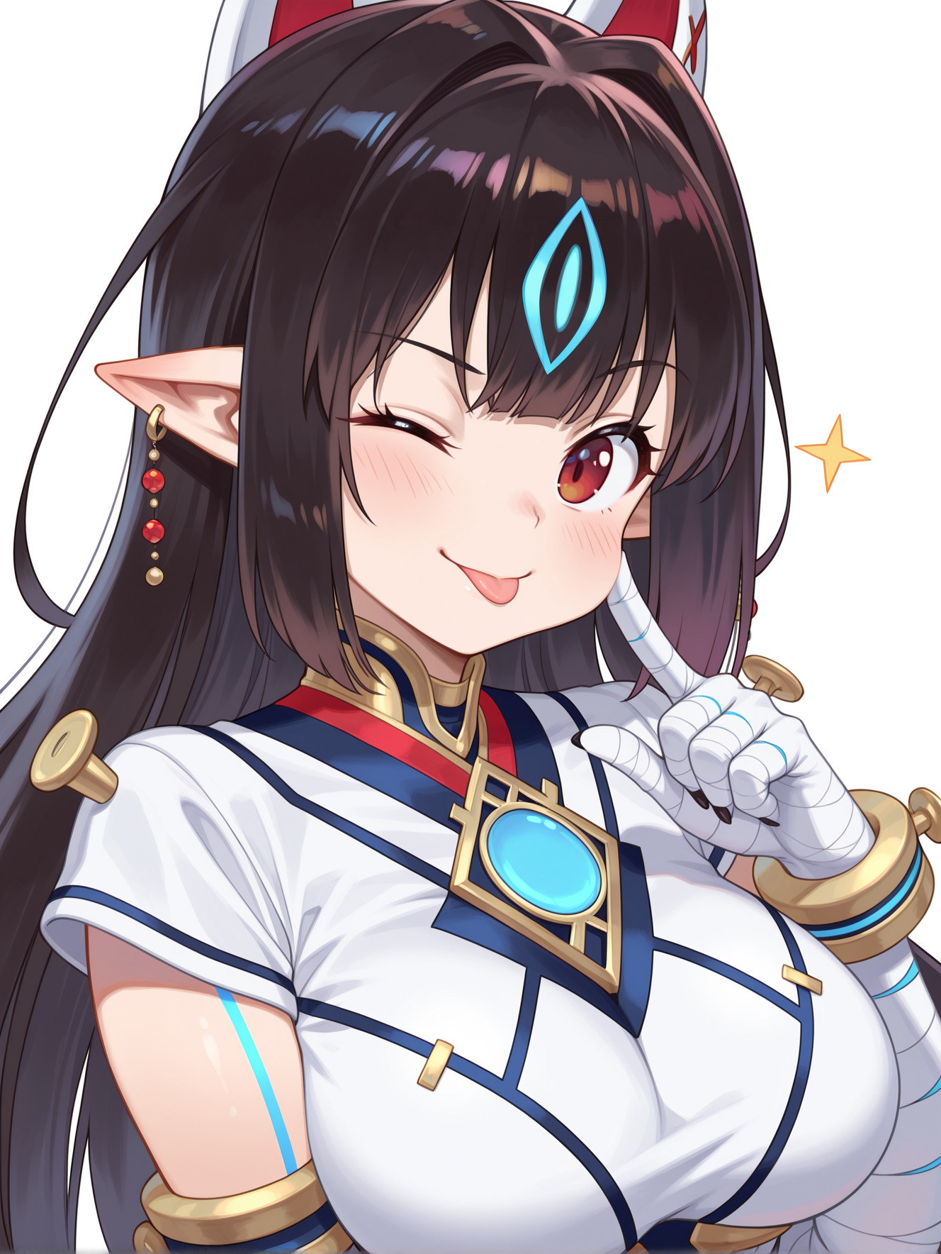 kasandra \(xenoblade\), 1girl, solo, tongue out, simple background, white background, looking at viewer, smile, index finger raised, naught face, upper body, blush, large breasts, fox mask on head back, white japanese dress, white bandaged gloves, ball earrings, blue chest jewel, blue body tattoo, one eye closed,
masterpiece,best quality,amazing quality,very aesthetic,absurdres,newest,<lora:Xenoblade Chronicles 2 - Kasandra illusXL v1.2:0.75>,