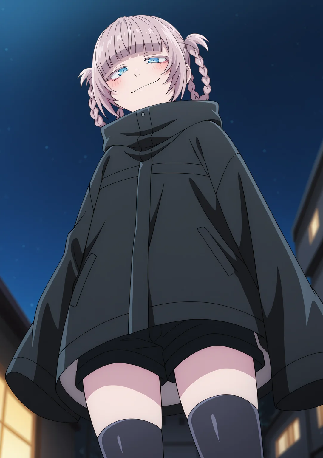 detailed background, official style,anime coloring, (anime screencap) masterpiece, detailed face,1girl <lora:Nazuna_Nanakusa-10:0.8>Nazuna, hair rings, solo, thighhighs, from below, blue eyes, shorts, braid, bangs, sleeves past wrists, black shorts, blunt bangs, coat, looking at viewer, long sleeves, blurry, looking down, smug, smirk, grey hair, night, closed mouth, blush, jacket, twin braids, standing, outdoors, black coat, short hair, blurry background, depth of field, short shorts, black jacket, building, turtleneck, hair flowing