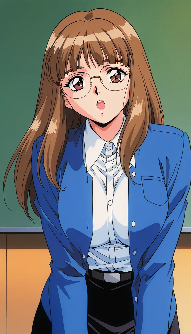 masterpiece, best quality, good quality, <lora:Iijima_Sensei_IS:1> Iijima_Sensei, 1girl,solo, brown hair, glasses, long hair, brown eyes,blunt bangs, large breasts, 1990s \(style\),anime coloring,
looking at viewer, upper body, open mouth, white shirt, long sleeves, collared shirt, blue jacket, black belt, black skirt,
class room,