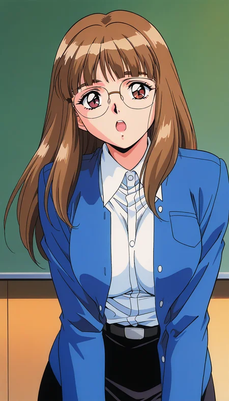 masterpiece, best quality, good quality, <lora:Iijima_Sensei_IS:1> Iijima_Sensei, 1girl,solo, brown hair, glasses, long hair, brown eyes,blunt bangs, large breasts, 1990s \(style\),anime coloring, 
looking at viewer,  upper body, open mouth, white shirt, long sleeves, collared shirt, blue jacket, black belt, black skirt,
class room,