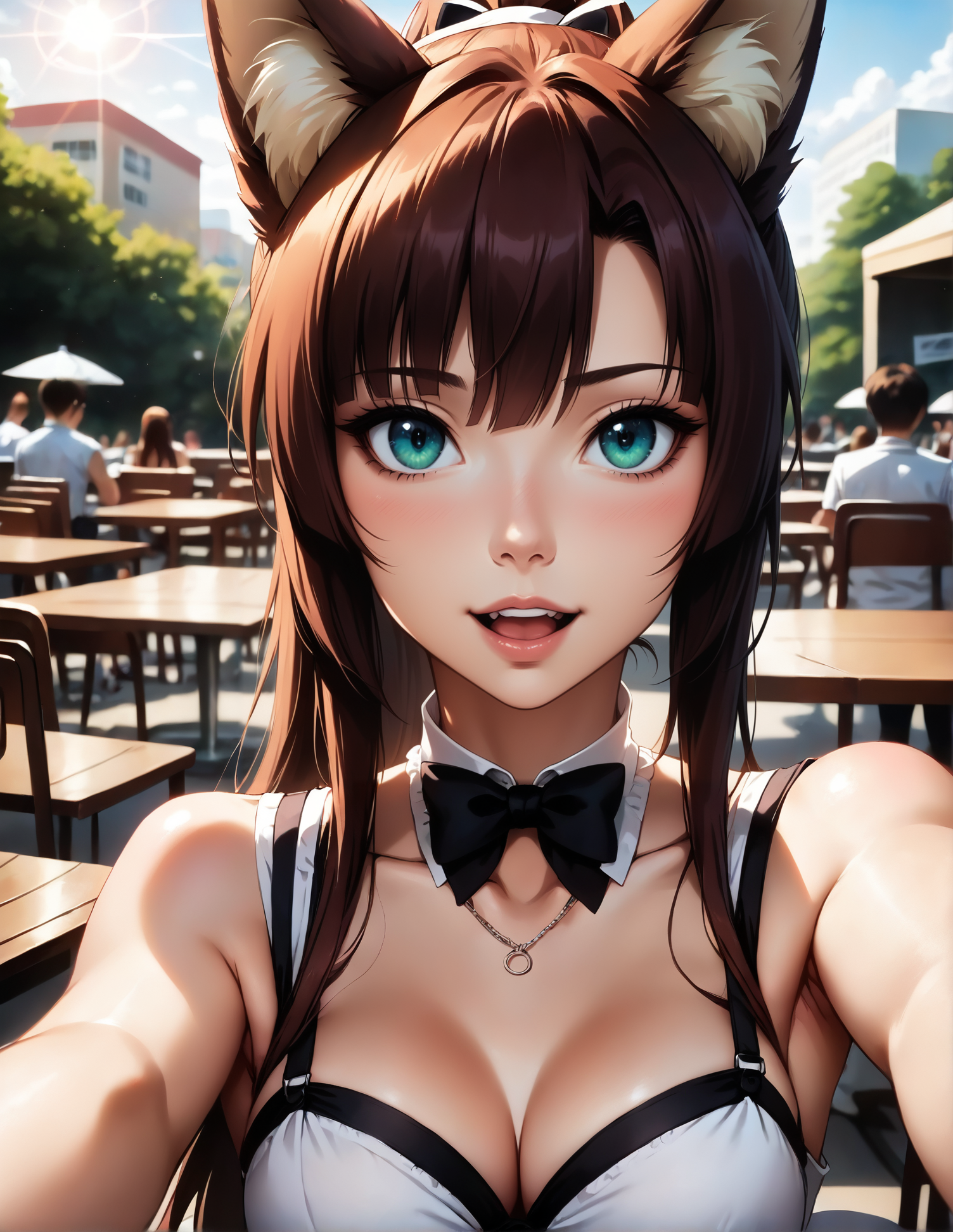 score_9, score_8_up, score_7_up, sayaka kirasaka, masterpiece, best quality, 1girl, vibrant, vivid, high saturation, beautiful, highly detailed, intricate details, wide-lens, perspective, thin necklace, bracelet, sophisticated, elegant, fox ears, fox tails, multiple tails, perfect face, perfect eyes, detailed eyes, multicolored eyes, crystalline eyes, simple blurred background, natural lighting, source_anime, source_cartoon, lineart, shoulders, fingernails, pov, laced, laces, hair ribbon, moles, babe, shade over face, posing, selfie, hand out of frame, peace sign, extending arm, view from above, global illumination, lens flare, sparkling water, hair extension over shoulder, summer dress, :D, white teeth, open mouth, green eyes, maid uniform, cafe, outdoors, beachside, waitress