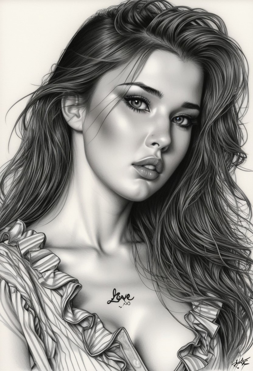 Sketch of a beautiful busty girl, long hair, ruffle shirt, cleavage