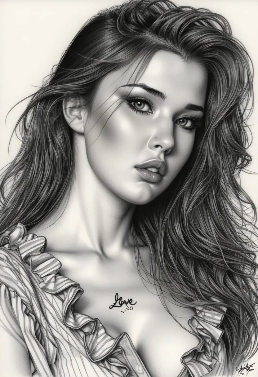 Sketch of a beautiful busty girl, long hair, ruffle shirt, cleavage