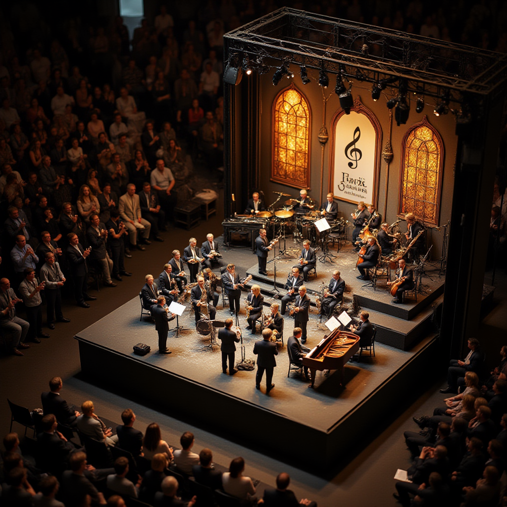A miniature diorama of a big band performing on stage. 17 members in total, wearing matching suits, are seated on a tiered stage: 4 trumpets, 4 trombones, 5 saxophones, piano, bass, drums, and guitar. It is the ultimate artistic moment, where everyone is immersed in the joy of sound. A magical night, a conductor, <lora:Flux.1_Turbo_Detailer:0.7>, <lora:Diorama_Flux:1>