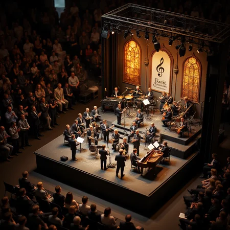 A miniature diorama of a big band performing on stage. 17 members in total, wearing matching suits, are seated on a tiered stage: 4 trumpets, 4 trombones, 5 saxophones, piano, bass, drums, and guitar. It is the ultimate artistic moment, where everyone is immersed in the joy of sound. A magical night, a conductor, <lora:Flux.1_Turbo_Detailer:0.7>, <lora:Diorama_Flux:1>