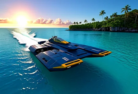 a dark blue (WipEout anti-gravity craft), (split-front:1.3),  flare, that has landed in the waters of a lagoon, floating in the sea, tropical island, blue sky, sunset, sharp, high detailed, realistic, sleek, scifi