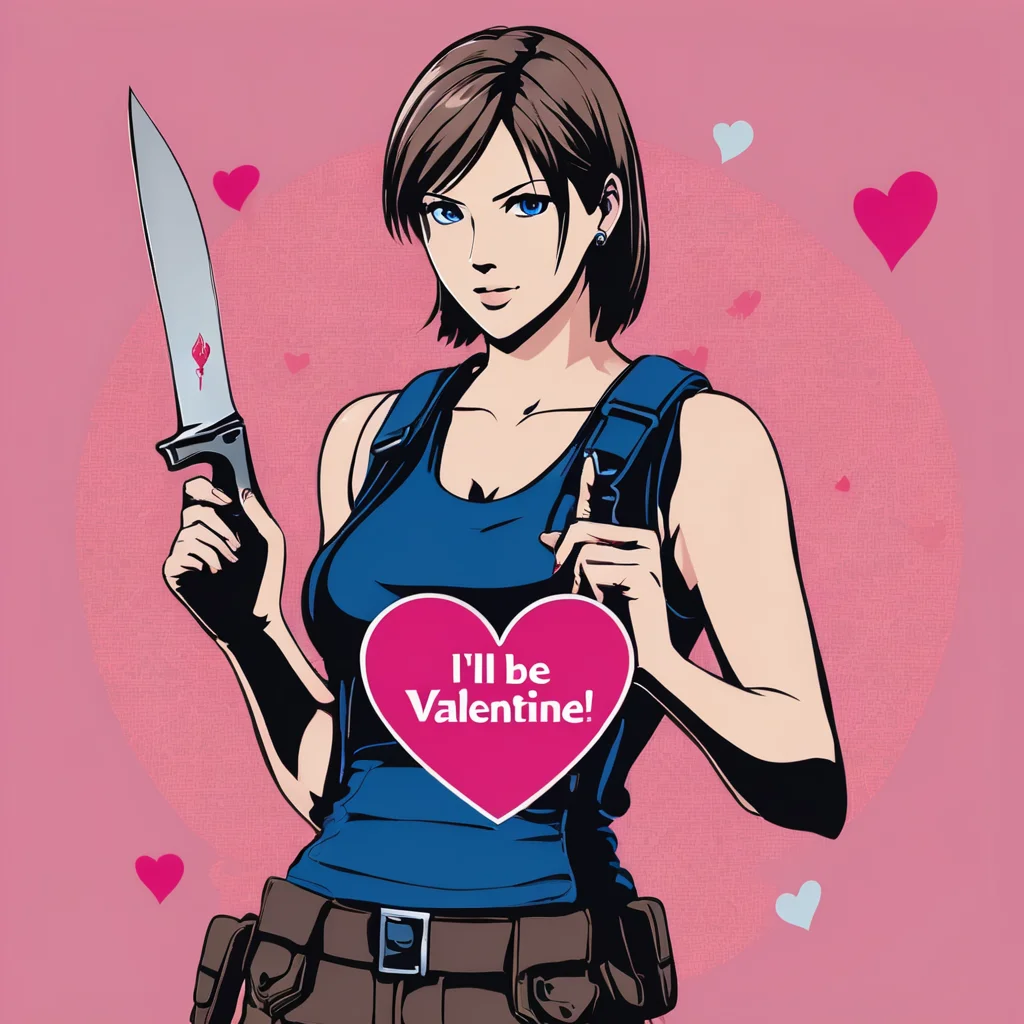 text logo,"I'll be your Valentine", valentines cards, simple pink background, Jill Valentine, re4, hearts, blue tank top, resident evil 4, holding knife