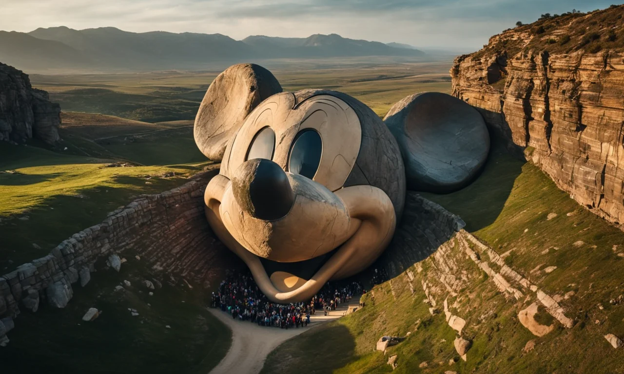 photograph of a gigantic stone Mikey mouse head structure lying in a beautiful landcape, best quality, epic landscape, nature, masterpiece, intricate, highly detailed, cinematic lights, <lora:abslandsdxl:0.7>, abslandsdxl,