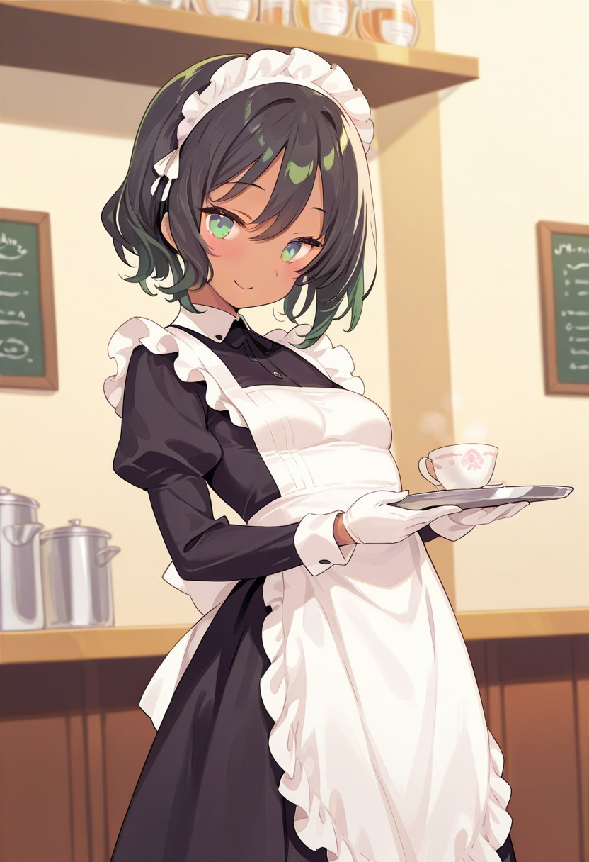 solo, 1girl, small breasts, black hair, green eyes, short hair, dark-skinned female, smile, blush, BREAK maid outfit, maid headwear, black dress, long dress, white apron, white gloves, BREAK maid cafe, indoors, working, artistic, beautiful, cowboy shot, BREAK ((ultra-detailed)), ((best quality)), ((beautiful eyes)), ((extremely detailed)), 4K, (8K), best quality, (beautiful), Master piece, highres, best quality, official art, highres, masterpiece, detailed background, high quality background,