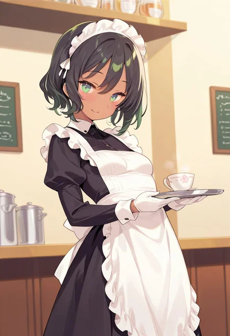 solo, 1girl, small breasts, black hair, green eyes, short hair, dark-skinned female, smile, blush, BREAK maid outfit, maid headwear, black dress, long dress, white apron, white gloves, BREAK maid cafe, indoors, working, artistic, beautiful, cowboy shot, BREAK ((ultra-detailed)), ((best quality)), ((beautiful eyes)), ((extremely detailed)), 4K, (8K), best quality, (beautiful), Master piece, highres, best quality, official art, highres, masterpiece, detailed background, high quality background,