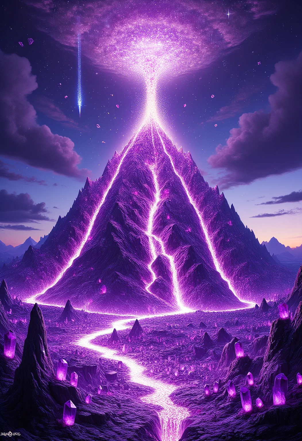 Crystallized Volcano Erupting Amethyst Lava
A dormant volcano reawakens, its jagged surface made of sparkling amethyst crystals. Glowing amethyst lava flows from its peak, cascading down the mountain in slow, molten waves of translucent purple. The skies above are filled with ash-like crystalline particles, sparkling faintly as they rain down on the surrounding landscape. Massive shards of glowing amethyst shoot into the air with each eruption, illuminating the darkened horizon with bursts of violet light.