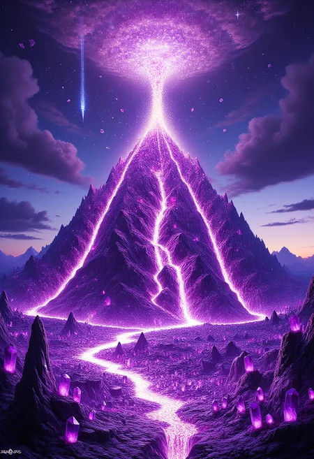 Crystallized Volcano Erupting Amethyst Lava
A dormant volcano reawakens, its jagged surface made of sparkling amethyst crystals. Glowing amethyst lava flows from its peak, cascading down the mountain in slow, molten waves of translucent purple. The skies above are filled with ash-like crystalline particles, sparkling faintly as they rain down on the surrounding landscape. Massive shards of glowing amethyst shoot into the air with each eruption, illuminating the darkened horizon with bursts of violet light.