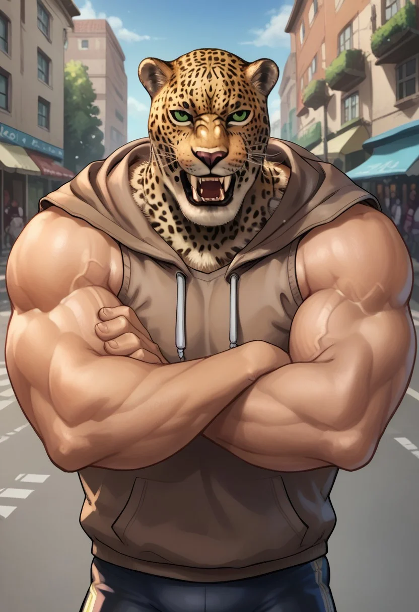 score_9, score_8_up, score_7_up, score_6_up, aoj_sr, 2d, source_cartoon, street, city,
(1male,king_tekken,King from Tekken 8,jaguar mask,green eyes,fangs,teeth,big huge muscular male,no sleeves,bare arms,brown oversized hoodie,black tights,arms crossed),
front view,