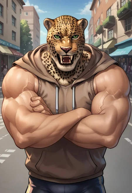 score_9, score_8_up, score_7_up, score_6_up, aoj_sr, 2d, source_cartoon, street, city,
(1male,king_tekken,King from Tekken 8,jaguar mask,green eyes,fangs,teeth,big huge muscular male,no sleeves,bare arms,brown oversized hoodie,black tights,arms crossed),
front view,