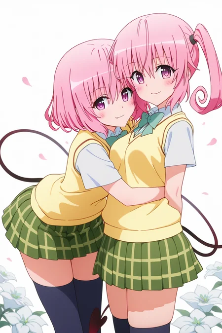 masterpiece, best quality,   <lora:ToLoveRuStyleIXL_v1:1.0>,  2girls, hug, blush,  smile, looking at viewer,   momo velia deviluke, demon tail, solo, white background, leaning forward, looking at viewer, standing, blush, smile, pink eyes, pink hair, short hair, hair flower, black thighhighs, green skirt, plaid skirt, pleated skirt, school uniform, shiny clothes, sweater vest, white shirt, yellow vest, bowtie, short sleeves, zettai ryouiki, arms behind back, miniskirt, petals, white flower plaid clothes,  nana asta deviluke, fang, long hair, pink eyes, pink hair, tail, twintails, green skirt, plaid, plaid skirt, sainan high school uniform, school uniform, skirt, shirt, white shirt, sweater vest, yellow sweater vest,